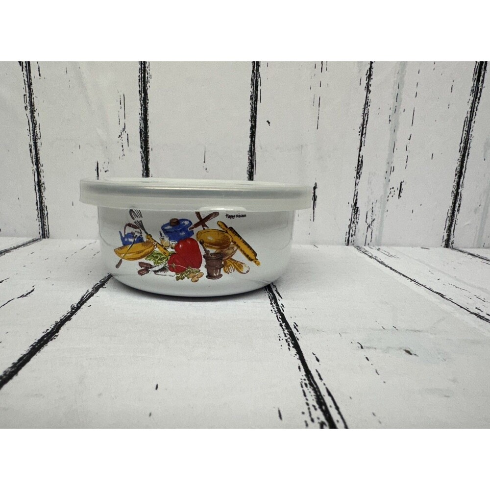 Vintage Enamelware Bowl With Lid  Happy Kitchen Utensils Tomato 4 Inches